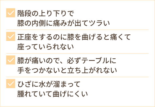 階段の上り下りで 膝の内側に痛みが出てツラい 正座をするのに膝を曲げると痛くて 座っていられない 膝が痛いので、必ずテーブルに 手をつかないと立ち上がれない ひざに水が溜まって 腫れていて曲げにくい