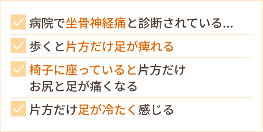 病院で坐骨神経痛と診断されている...。歩くと片方だけ足が痺れる。椅子に座っていると片方だけお尻と足が痛くなる。片方だけ足が冷たく感じる。