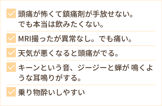 頭痛が怖くて鎮痛剤が手放せない。 でも本当は飲みたくない。 MRI撮ったが異常なし。でも痛い。 天気が悪くなると頭痛がでる。 キーンという音、ジージーと蝉が 鳴くような耳鳴りがする。 乗り物酔いしやすい