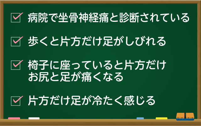 あなたは今、こんな悩みでお困りではありませんか?病院で坐骨神経痛と診断されている。歩くと片方だけ足がしびれる。椅子に座っていると片方だけお尻と足が痛くなる。片方だけ足が冷たく感じる。